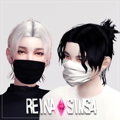 two people wearing face coverings with the words reina simsa in front of them