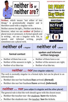 Neither is or Neither are? Either Or Neither Nor Grammar, All Both Neither None Worksheet, Eng Grammar, Determiners In English Grammar, Determiners Grammar Chart, Word Transformation, Logic Of English, Basic English Sentences, Cambridge English