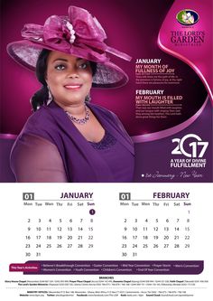 a calendar with the image of a woman wearing a purple dress and hat on it