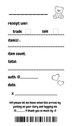 a printable coup sheet with a teddy bear on the front and bottom line in black