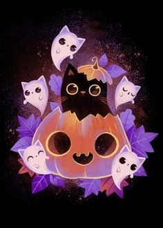 a black cat sitting on top of a pumpkin surrounded by ghost faces and bats in the dark