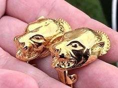 These gorgeous figural vicious panther or lioness earrings are to die for! Chunky and heavy- about 32g!- these big cats are intricately made with lots of detail. Glossy goldtone metal, these are definitely haute couture! They are unsigned and fabulous. About 1" in length. The photos do not so these justice! Please see all photos and ask any questions. All items sold as found from estates and my own personal family collection. Thank you for shopping with me! 🙂 Clip Earrings, Big Cats, Jewelry Earrings Studs, Panther, Clip On Earrings, Gold Tones, Jewelry Earrings, Accessory Gift, Stud Earrings