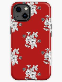 a red phone case with white flowers on it