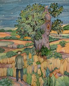 a painting of a man standing in front of a tree