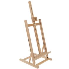 a wooden easel stands on a white background with clippings to the side