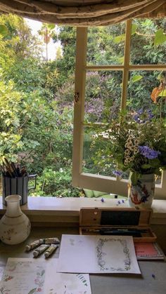 an open window in a room filled with lots of plants and books on top of a table