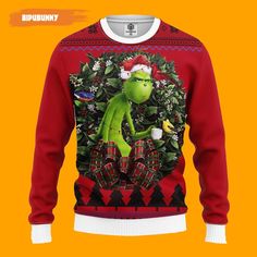 an ugly sweater with the grinch on it is shown in red and green colors