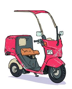 a pink scooter is shown with the seat folded down and it's door open