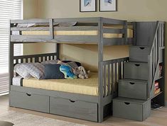 a bunk bed with drawers underneath it in a room next to a dresser and window