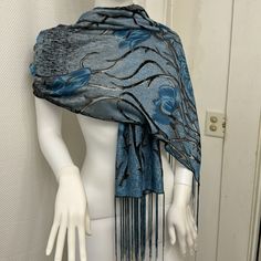 Gorgeous Scarf. 64” Length X 19” Width. It Is Light Blue, Teal Blue With Silvery Outline Along With Black Accent And Fringe. I Received This As A Gift But Have Never Worn It. There Are No Tags. It Is Very Soft. Reverse Side Is Darker. Elegant Blue Shawl For Spring, Grey Trench Coat, Alpaca Scarf, Oversized Scarf, Fringe Scarf, Blue Teal, Black Accents, Polka Dot Dress, Dot Dress