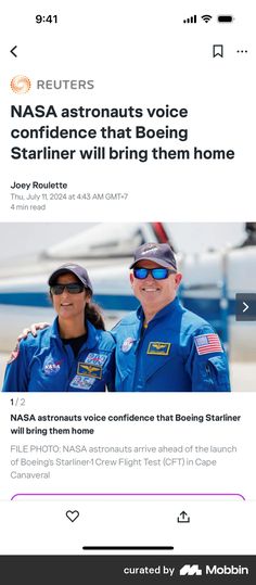 two people in blue uniforms standing next to each other on a cell phone with the caption nasa astronauts voice confidence that boeing airline will bring them home