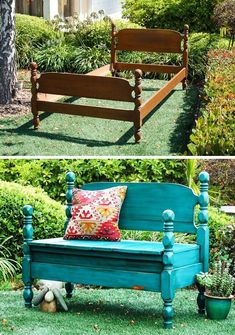 a bench made out of an old bed frame and some plants in the back yard