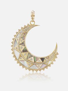 18K yellow gold crescent moon medallion with inlay and gemstone details. We use natural stones and there is variation in veins and patterns in each stone piece we create. A fresh take on an old motif, Harwell Godfrey’s Crescent Moons are lit from within using radiant stone inlay and contrasting gems. Tiny details do not go unnoticed: even triangle edges are dotted with diamonds. From the collection “Valley of the Moon”, inspired by the birth of Godfrey’s son following the Super Moon of November Harwell Godfrey, Crescent Jewelry, Valley Of The Moon, Gold Crescent Moon, Art Jewelry Design, Pearl Jewels, Mini Moon, Purple Jewelry, Stone Inlay