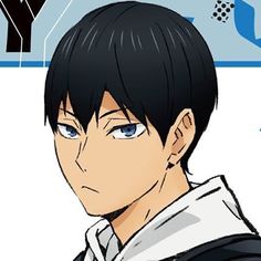 an anime character with black hair and blue eyes