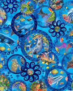 a painting of many different types of fish and sea creatures in blue water with bubbles