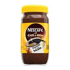 a jar of coffee beans on a white background with a yellow lid and the words cafe de olia written in spanish