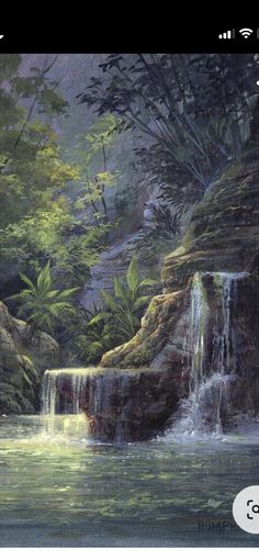 a painting of a waterfall in the middle of a forest filled with trees and bushes