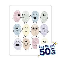 a poster with different colored faces on it and the words buy 10 get 50 % off