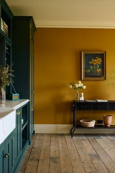 a room with yellow walls and wooden floors