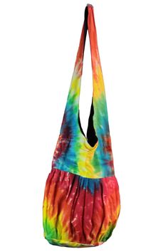 "Our Sunshine Joy zippered top hobo bags are perfect for the person on the go. Great for trips to the beach, camping, festival-going, picnics, and more * These high quality totes feature a nice sturdy YKK zipper and two secret pockets on the inside of the bag. * Hobo bag measures approximately 16\"W x 16\"H with a fixed 20\" strap drop. PLEASE NOTE: Our bags are handmade so exact measurements vary from bag to bag. * 100% cotton * Made in India. * Modern Artists, Old School Production. Sunshine J Camping Festival, Rainbow Tie Dye, Hobo Shoulder Bag, Rainbow Tie, Hobo Bags, Beach Camping, Modern Artists, Ykk Zipper, Zipper Top