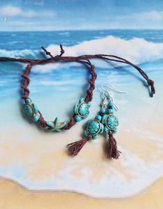 "Pair of turquoise polymer sea turtles and a starfish adorn this boho style of sliding, knotted cord 'friendship bracelet' or anklet. Diameter of opening is 12.5 \", easily slides over womens size 8.5-9 shoe for anklet. (Matching earring sold separately, https://www.etsy.com/listing/607942985/surf-buddy-earrings-turquoise-sea-turtle)" San Juan Capistrano, Earrings Turquoise, Sea Turtles, Anklet Bracelet, Macrame Jewelry, Sea Turtle, Friendship Bracelet, Matching Earrings, Turtles