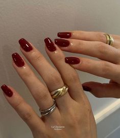 Dark Red Nails Acrylic Coffin Short, Andria Barbone Ring, Coffin Shape Red Nails, Subtle Red Nails, Corporate Nail Designs, Best Nail Color For Pale Skin, Nails For Red Dress Ideas, Short Red Almond Nails, Red Nails Prom