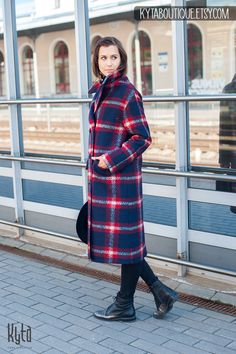 "Elegant long coat for women for autumn, winter and spring seasons. Stylish plaid coat made from soft and warm wool fabric. Feminine, button up wool coat with wide silhouette, classical open collar and two side pockets. It is perfect outside wear solution when warmth and elegance has to be combined! Your will love the quality and design. Sewn with meticulous attention to every detail! DETAILS: * Wool coat for maximum comfort and elegance * Plaid design and classical navy blue/red color combinati Plaid Wool Coat With Long Sleeves For Fall, Plaid Long Wool Coat For Fall, Plaid Long Sleeve Wool Coat For Fall, Long Sleeve Plaid Wool Coat For Fall, Plaid Wool Coat With Long Sleeves, Plaid Wool Coat For Winter, Plaid Wool Outerwear For Winter, Winter Wool Plaid Outerwear, Winter Plaid Wool Outerwear