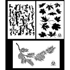 four different silhouettes of leaves and pine cones