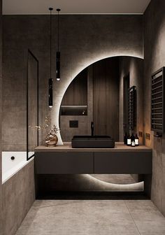 a bathroom with a sink, mirror and bathtub in it's center area