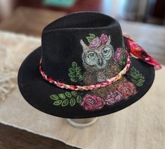 poly/wool hat hand burned with owl and floral pattern. Hand colored and hand made  woven band. Adjustable and nice quality. Deep black color ... fun for any event, awesome gift! Handmade Adjustable Fedora For Fall, Handmade Black Felt Hat With Flat Brim, Handmade Whimsical Wide Brim Fedora, Whimsical Handmade Wide Brim Fedora, Whimsical Wide Brim Handmade Fedora, Custom Handmade Black Hat Bands, Whimsical Black Adjustable Hat, Handmade Black Western Felt Hat, Handmade Black Felt Hat For Festival