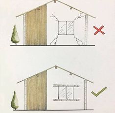 two drawings of the roof and side of a house