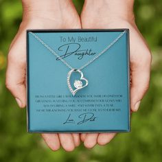 Free Shipping From a little girl I always knew you were destined for greatness. Watching you accomplish your goals will always bring a smile, and maybe even a tear. Wear this knowing you have me close to your heart.🥰 The dazzling Forever Love Necklace is sure to make your Daughter's heart melt! Pendant features a stunning 6.5mm CZ crystal surrounded by a polished heart pendant embellished with smaller crystals to add extra sparkle and shine. Beautifully crafted in white gold. A classic gift she Inspirational Blue Jewelry For Gifts, Inspirational Blue Jewelry As A Gift, Blue Personalized Inspirational Jewelry, Blue Jewelry For Best Friend Gift On Mother's Day, Destined For Greatness, My Beautiful Daughter, Clock Decor, Heart Melting, Gift Message