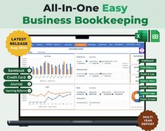 the all - in - one easy business bookeeping guide is shown on a laptop screen