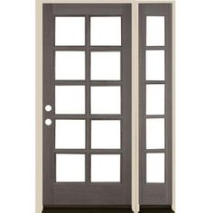 thermaic doors with sidelights and glass panels are shown in dark wood, white trim