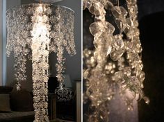 two pictures side by side, one has a chandelier and the other has glass beads hanging from it