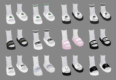 many pairs of socks with different colors and designs on the feet, all in different sizes