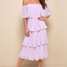 Land Yourself On The Best-Dressed List With The Help Of The Lulus Gala Ready Lavender Off-The-Shoulder Ruffle Midi Dress! This Charming Woven Chiffon Midi Dress Is A Surefire Statement Maker With Its Elasticized Off-The-Shoulder Neckline, Shift-Style Bodice, And Quad-Tiered Ruffles That Cascade Down To The Modest Midi Hem. Spring Wedding Guest Dress, Lavender Dress, Purple Midi Dress, Summer Wedding Outfits, Lavender Dresses, Ruffle Midi Dress, Chiffon Midi Dress, Midi Ruffle Dress, Wedding Guest Dresses