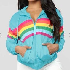 Brand New! Never Worn Trendy Blue Winter Windbreaker, Trendy Blue Hooded Outerwear, Trendy Multicolor Spring Windbreaker, Trendy Light Blue Hooded Outerwear, Rainbow Jacket, Mustard Jacket, Fashion Nova Jackets, Coats Fashion, Fashion Nova Outfits