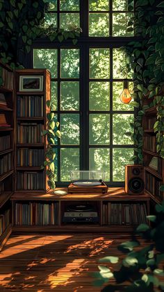 an image of a room with bookshelves and plants on the windowsills