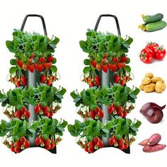 an image of strawberries and vegetables in the form of a shopping bag with handles