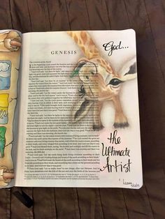 an open book with pictures of giraffes and other animals on the pages