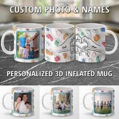 three mugs with different photos on them and the words custom photo & names printed on them