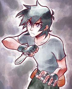 a drawing of a boy with green hair holding a pair of scissors in his hands