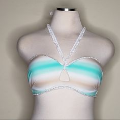 Push Up Bandeau Style Molded Cups 34d Cup Size Tan/White/Turquoise Multi Color White Halter Top For Summer Pool, White Halter Top For Summer Pool Events, Turquoise Halter Top For Beach, White Sleeveless Halter Top For Pool, White Halter Top For Beach Party, White Halter Top For Beach Party Season, White Halter Top For Beach Party During Beach Season, White Halter Top For Pool And Beach Season, White Beachy Halter Top For Sunbathing