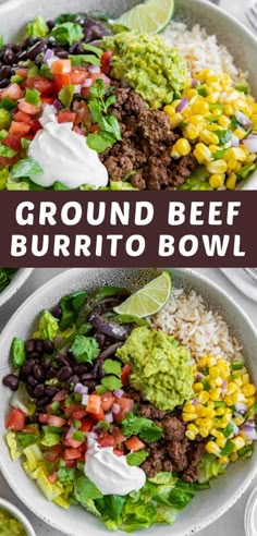 ground beef burrito bowl with avocado, black beans, corn and cilantro