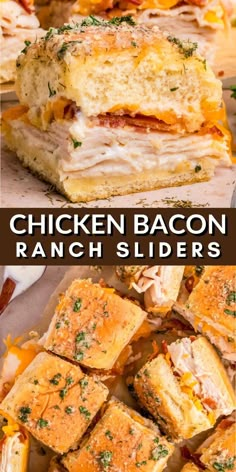 chicken bacon ranch sliders cut in half and stacked on top of each other with text overlay