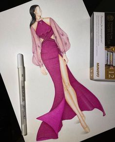 a drawing of a woman in a purple dress next to a pen and paper doll