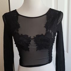 Its Brand New With Tag . Black Embroidery Over Black Net. Pretty Crop Top With Long Sleeves. Black Tops With Floral Embroidery For Night Out, Black Top With Floral Embroidery For Night Out, Black Floral Embroidery Tops For Evening, Floral Embroidery Cropped Party Top, Black Sheer Cropped Top, Black Stretch Lace Crop Top, Black Embroidered Lace Tops, Black Embroidered Tops For Night Out, Black Lace Crop Top For Night Out