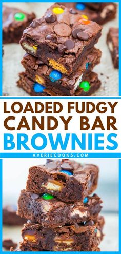 chocolate fudgey candy bar brownies stacked on top of each other