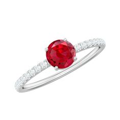 Lab Grown Ruby Solitaire Engagement Ring with Diamond Side Stones Lab Created Ruby - ( AAAA ) - Quality - Rosec Jewels Ruby Solitaire Ring, Red Gemstone Ring, Black Diamond Solitaire, Ruby Engagement Ring, Sparkling Rings, Red Gemstones, Beautiful Engagement Rings, Signature Jewelry, 18k Yellow Gold Ring